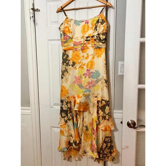 Guess Dresses & Skirts - Guess Floral High Low Maxi Dress Yellow Orange Ruched Smocked Back Womens Size M